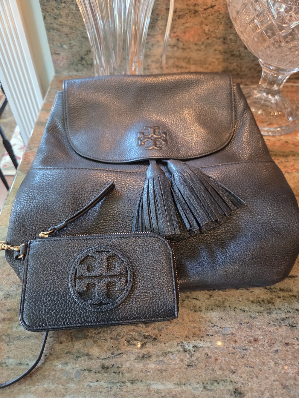 Tory Burch Black Leather Tassel Backpack with Wristlet